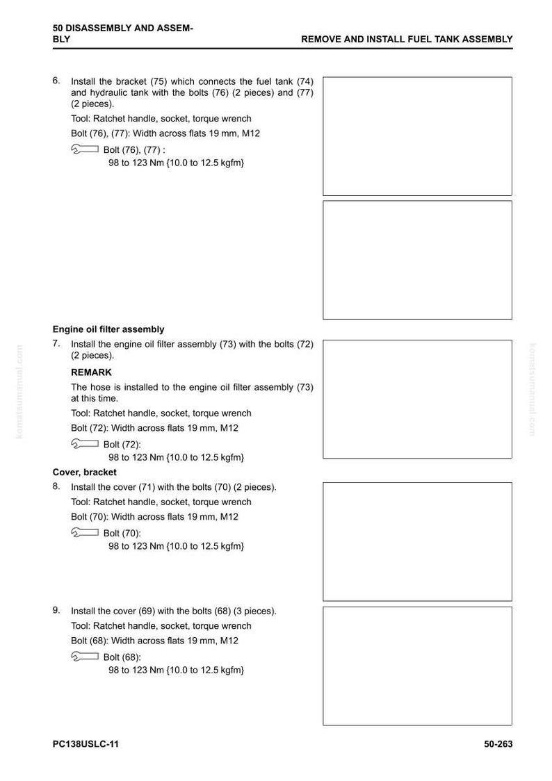 May include: A page from a manual detailing the disassembly and assembly of a fuel tank. The text includes instructions for installing brackets, covers, and bolts, with torque specifications in Newton meters.
