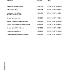 Puede incluir: P&aacute;gina de manual de servicio en blanco con el t&iacute;tulo &laquo;SUBGROUP - INDEX&raquo;. El documento enumera secciones como &laquo;Normas y reglamentos&raquo; e &laquo;Instrucciones de seguridad&raquo;, con los c&oacute;digos de grupo y tipo correspondientes. El logotipo de Liebherr est&aacute; en la parte inferior.