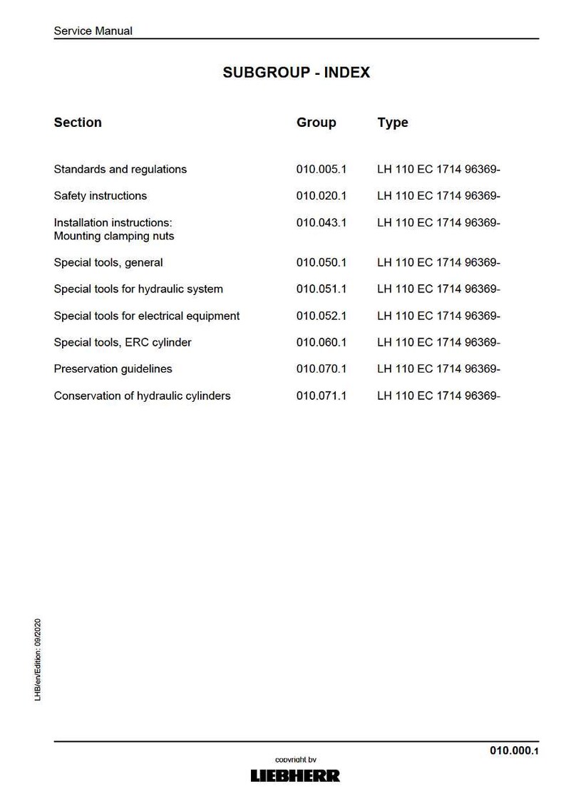 Puede incluir: P&aacute;gina de manual de servicio en blanco con el t&iacute;tulo &laquo;SUBGROUP - INDEX&raquo;. El documento enumera secciones como &laquo;Normas y reglamentos&raquo; e &laquo;Instrucciones de seguridad&raquo;, con los c&oacute;digos de grupo y tipo correspondientes. El logotipo de Liebherr est&aacute; en la parte inferior.