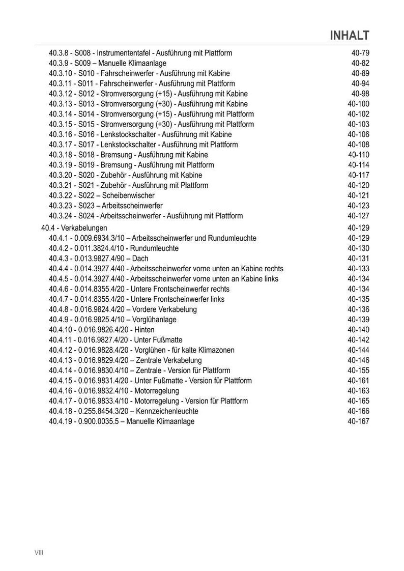 May include: A detailed table of contents in German, listing various vehicle components and their corresponding page numbers. The document includes sections on lighting, wiring, and climate control, with specific part numbers and descriptions.