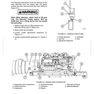 May include: Technical diagram illustrating the alternator removal procedure for a power train. The image includes detailed diagrams of the cradle structure and engine/alternator components, with numbered labels for each part. A warning message is also present.