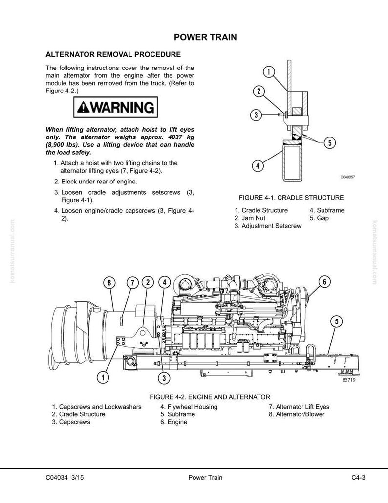 May include: Technical diagram illustrating the alternator removal procedure for a power train. The image includes detailed diagrams of the cradle structure and engine/alternator components, with numbered labels for each part. A warning message is also present.