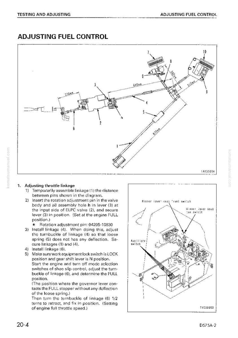 May include: Diagram of adjusting fuel control with measurements in millimeters. Includes illustrations of throttle linkage, rotation adjustment pin, and other components. Text includes instructions for assembly and adjustment.