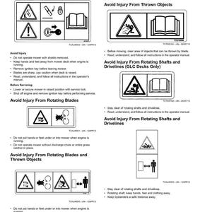 Puede incluir: Una p&aacute;gina de etiquetas de seguridad con advertencias sobre el funcionamiento del cortac&eacute;sped. Las etiquetas incluyen pictogramas y texto, como "Evite lesiones por cuchillas giratorias" y "Lea el manual del operador".