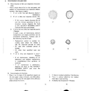 Puede incluir: Una p&aacute;gina de manual que detalla pruebas puntuales para un sistema de lubricaci&oacute;n. El texto describe c&oacute;mo determinar las caracter&iacute;sticas de suciedad y dispersi&oacute;n, y la alcalinidad. La p&aacute;gina incluye diagramas de manchas de aceite.