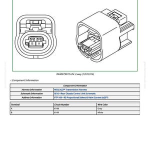 Może przedstawiać: Schemat zaworu elektromagnetycznego proporcjonalnego Y639 R3, z tekstem zawierającym "e23&trade; Only". Obraz przedstawia złącze 2-drożne oraz tabelę z informacjami o komponentach, w tym kolorach przewod&oacute;w i numerach obwod&oacute;w. Obecny jest r&oacute;wnież tekst "RXA0079072-UN: 2-way (13513314)".