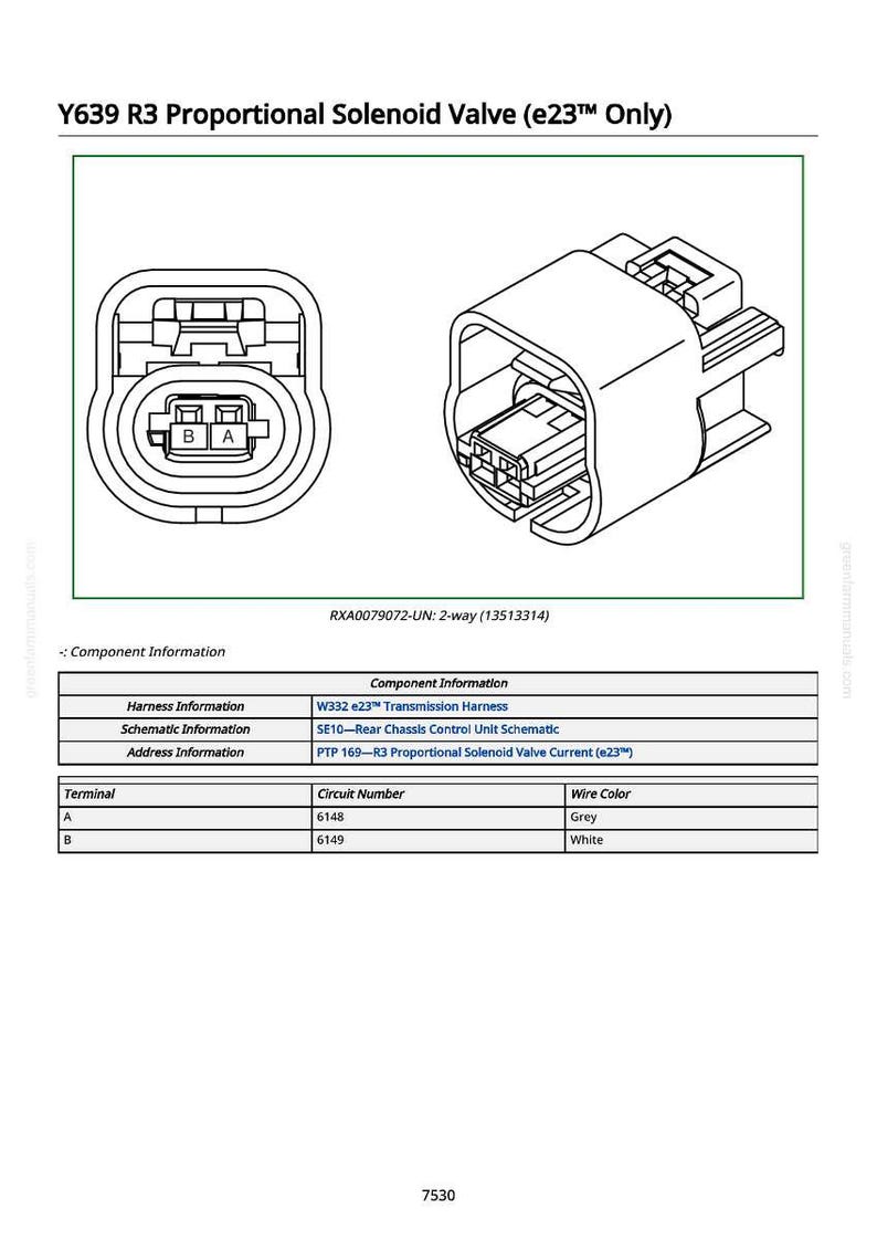Może przedstawiać: Schemat zaworu elektromagnetycznego proporcjonalnego Y639 R3, z tekstem zawierającym "e23&trade; Only". Obraz przedstawia złącze 2-drożne oraz tabelę z informacjami o komponentach, w tym kolorach przewod&oacute;w i numerach obwod&oacute;w. Obecny jest r&oacute;wnież tekst "RXA0079072-UN: 2-way (13513314)".
