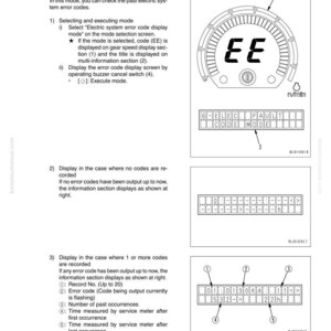 May include: Diagram from a manual showing the electric system error code display mode. The image includes a circular gauge with "EE" displayed, along with several rectangular displays showing error codes and related information. Text explains the function and operation.