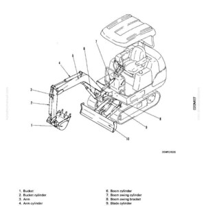 May include: Line drawing of work equipment, a small excavator. The image is labeled with numbered parts including the bucket, arm, and blade. The text "WORK EQUIPMENT" is at the top.
