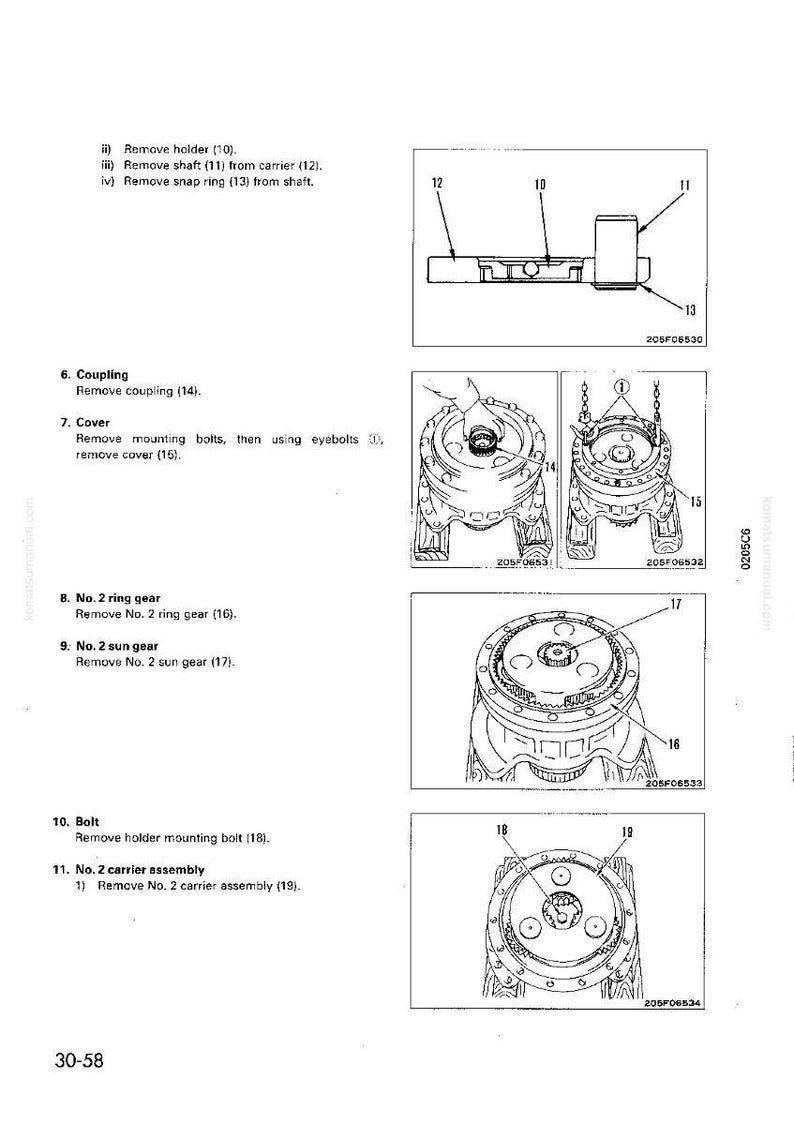 K&ouml;nnte beinhalten: Technische Zeichnung mit mechanischen Komponenten, Beschriftungen und Teilenummern. Enth&auml;lt Abbildungen von Halter, Welle, Sprengring, Kupplung, Abdeckung, Ringrad, Sonnenrad, Schraube und Tr&auml;gerbaugruppe. Textanweisungen sind ebenfalls enthalten.