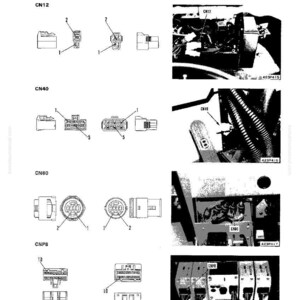 K&ouml;nnte beinhalten: Diagramm zur Fehlersuche f&uuml;r ein elektrisches System. Das Bild zeigt verschiedene Stecker, gekennzeichnet mit CN12, CN40, CN60 und CNPS, zusammen mit ihren zugeh&ouml;rigen Kabeln und Standorten. Der Text "TROUBLESHOOTING" steht oben.