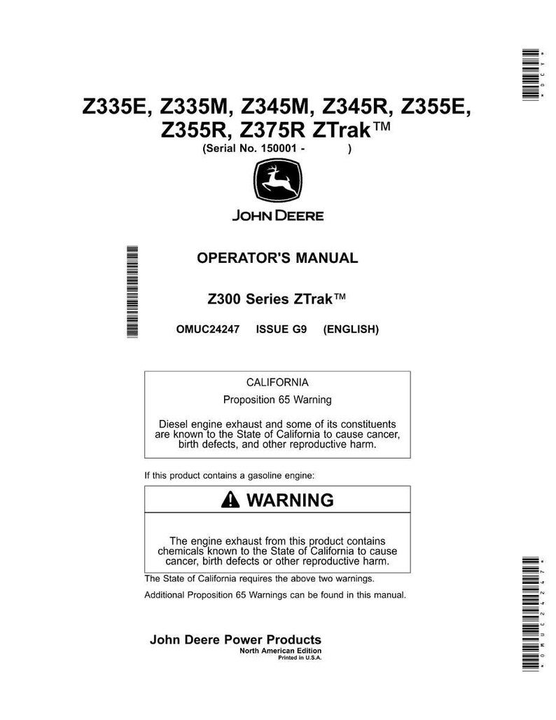 Peut inclure: Manuel d'utilisation blanc pour les tondeuses Z300 Series ZTrak, avec le logo John Deere. Le manuel comprend des avertissements concernant les gaz d'&eacute;chappement diesel et essence, conform&eacute;ment &agrave; la Proposition 65 de Californie.