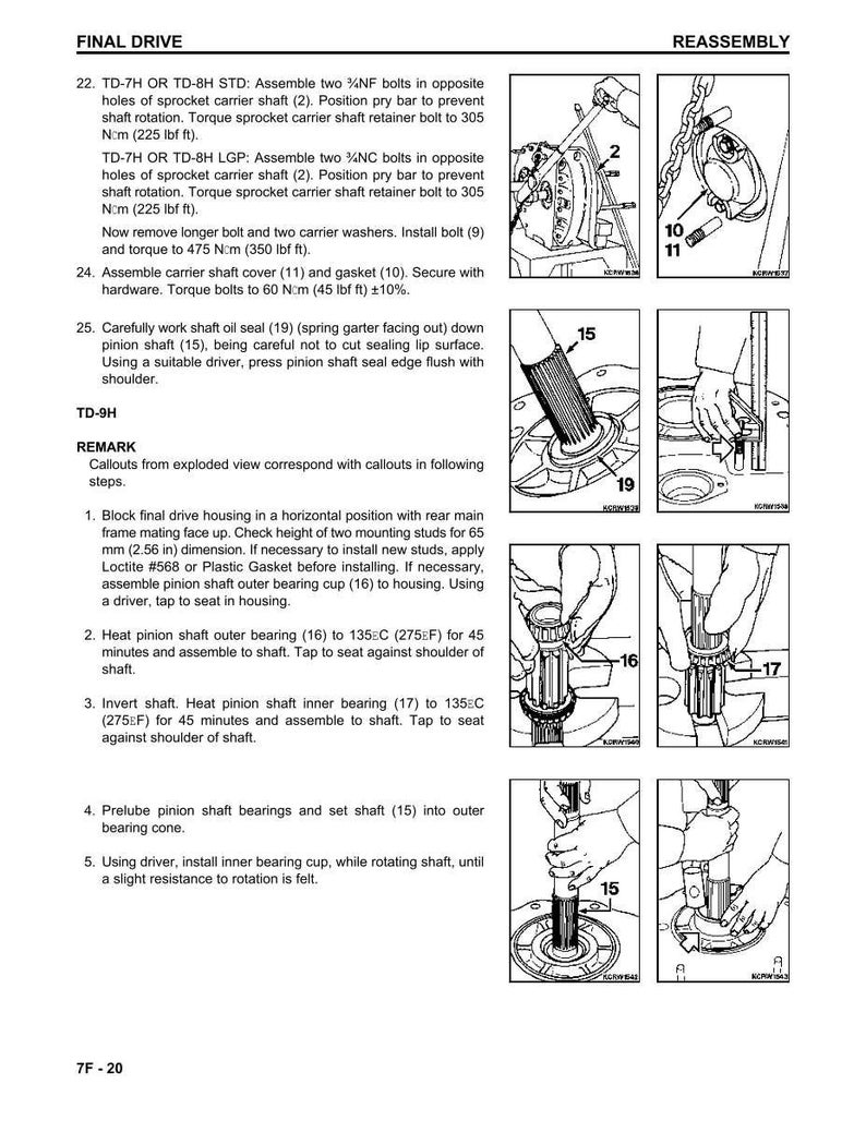 May include: Technical diagram detailing final drive reassembly, with numbered steps and illustrations. Includes torque settings, measurements in millimetres, and part numbers for accurate assembly of mechanical components.