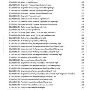 May include: A white page with a list of ECU diagnostic trouble codes. The codes include engine oil pressure, intake manifold pressure, and fuel temperature signals. The page also includes a website address.