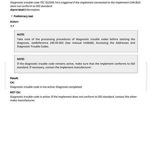 May include: A white document titled "TEC 522550.14 - Implement Connected to 29-bit Implement CAN BUS is Not Compatible with ISO." It provides diagnostic information and troubleshooting steps for a system.