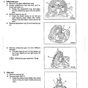 Puede incluir: Diagrama de desmontaje del conjunto diferencial. Incluye ilustraciones de componentes de engranajes, tapas de cojinetes y anillos de ajuste. Las instrucciones de texto detallan la extracci&oacute;n de piezas y la comprobaci&oacute;n de marcas. El conjunto pesa 75 kg.