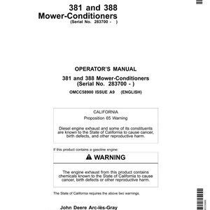 K&ouml;nnte beinhalten: Ein wei&szlig;es Bedienungshandbuch f&uuml;r 381 und 388 M&auml;haufbereiter. Das Handbuch enth&auml;lt Warnhinweise zu Diesel- und Benzinmotoremissionen, wie von Kaliforniens Proposition 65 gefordert. Die Seriennummer des Handbuchs lautet 283700.
