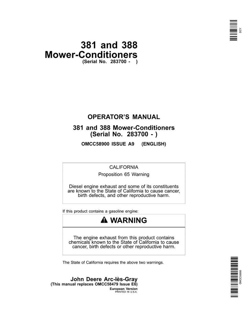 K&ouml;nnte beinhalten: Ein wei&szlig;es Bedienungshandbuch f&uuml;r 381 und 388 M&auml;haufbereiter. Das Handbuch enth&auml;lt Warnhinweise zu Diesel- und Benzinmotoremissionen, wie von Kaliforniens Proposition 65 gefordert. Die Seriennummer des Handbuchs lautet 283700.