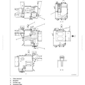 May include: Diagram of a hydraulic tank with labels for filter element, breather, oil filler cap, hydraulic filter, oil level gauge, and drain plug. The diagram includes multiple views and cross-sections for detailed component identification.