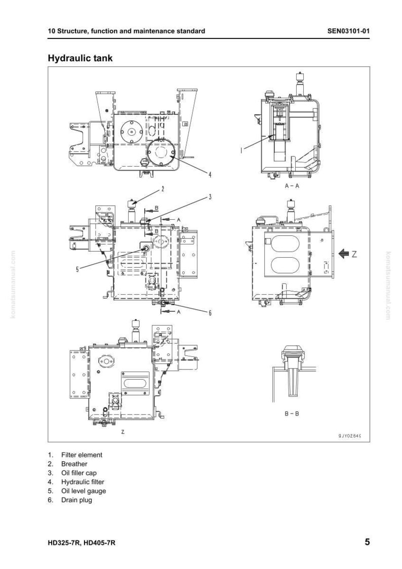 May include: Diagram of a hydraulic tank with labels for filter element, breather, oil filler cap, hydraulic filter, oil level gauge, and drain plug. The diagram includes multiple views and cross-sections for detailed component identification.