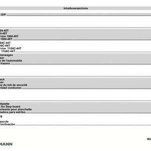 Op de afbeelding: Een wit en grijs document met de titel "Inhaltsverzeichnis". Het bevat een lijst met auto-onderdelen en servicekits, met termen als "Step board" en "Tipping device". Het Weidemann-logo staat onderaan.