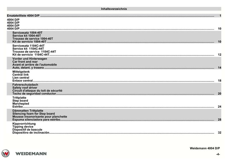 Op de afbeelding: Een wit en grijs document met de titel "Inhaltsverzeichnis". Het bevat een lijst met auto-onderdelen en servicekits, met termen als "Step board" en "Tipping device". Het Weidemann-logo staat onderaan.