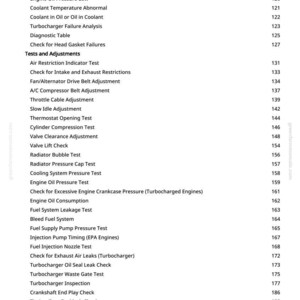May include: A white page detailing automotive engine tests and adjustments. The list includes checks for engine compression, oil pressure, and coolant temperature, alongside other engine-related diagnostics.