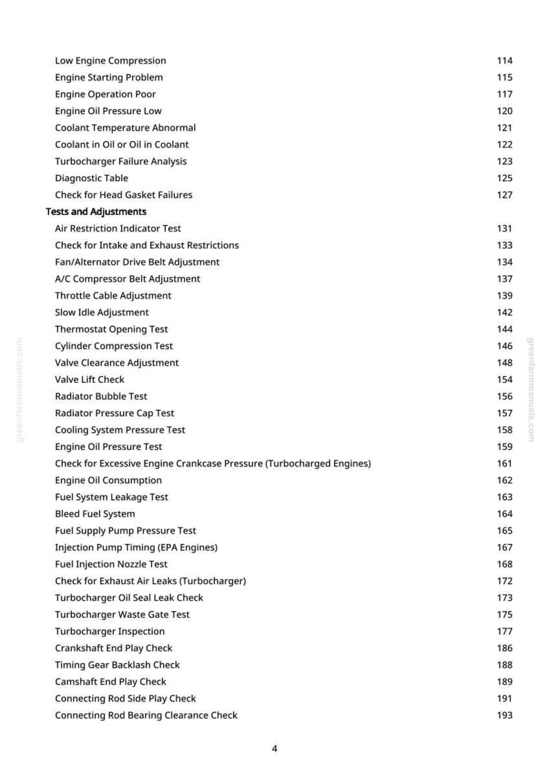 May include: A white page detailing automotive engine tests and adjustments. The list includes checks for engine compression, oil pressure, and coolant temperature, alongside other engine-related diagnostics.
