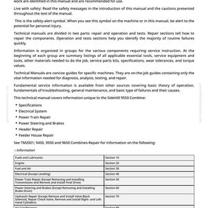 May include: A page from a technical manual titled "Foreword". The text details repair procedures, safety information, and component specifications for a SideHill 9550 Combine. Includes a table of contents.