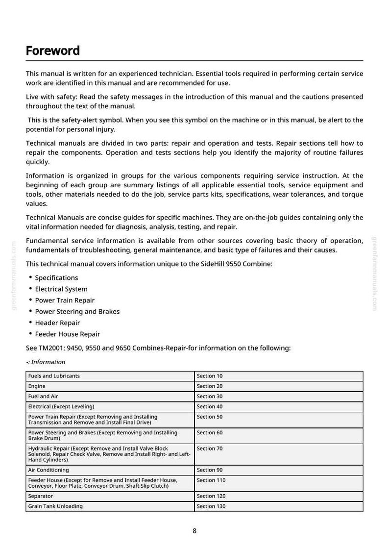 May include: A page from a technical manual titled "Foreword". The text details repair procedures, safety information, and component specifications for a SideHill 9550 Combine. Includes a table of contents.