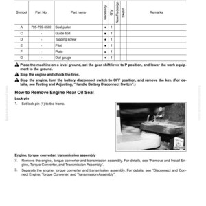 May include: A page from a manual titled "Remove and Install Engine Rear Oil Seal." It includes a parts list with part numbers and names, and instructions with diagrams for engine repair. The image also shows a close-up of an engine component.