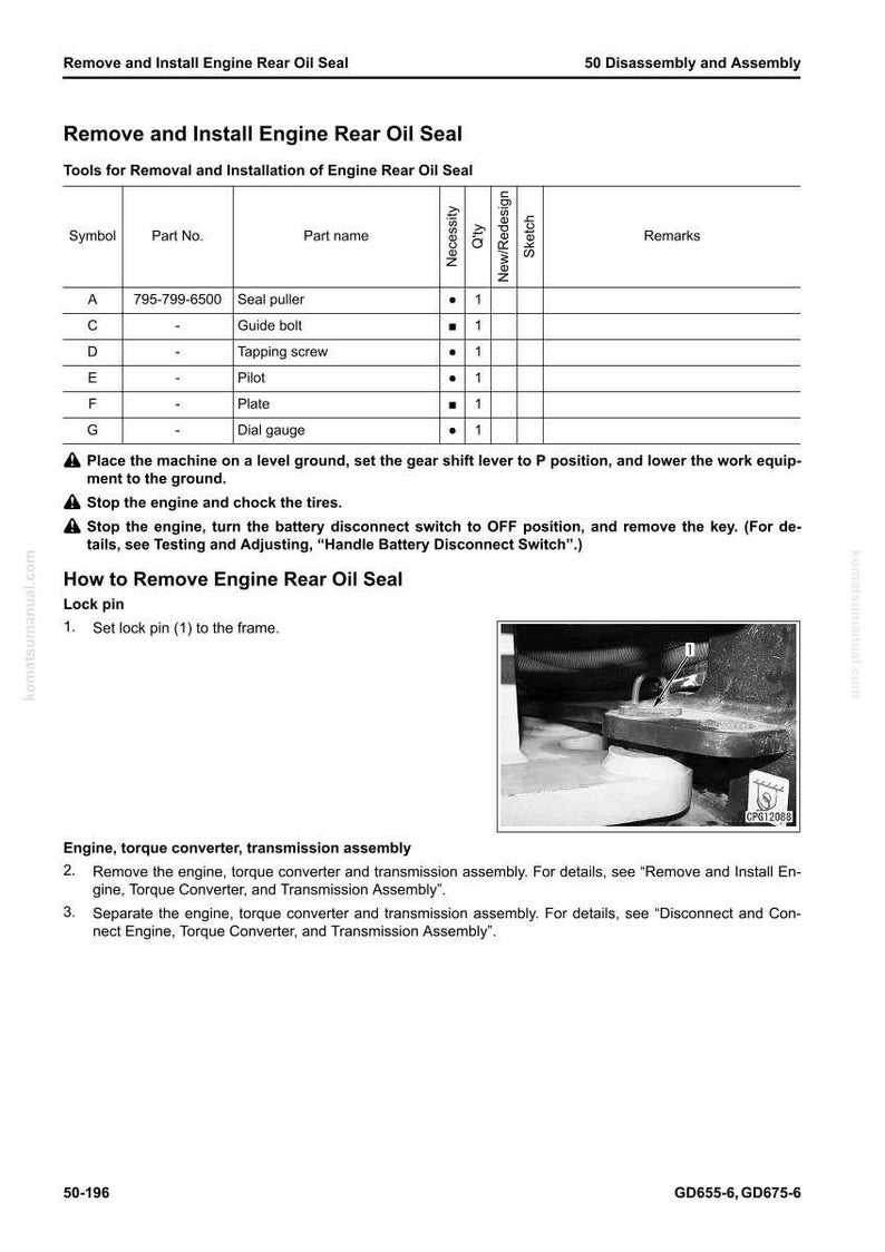 May include: A page from a manual titled "Remove and Install Engine Rear Oil Seal." It includes a parts list with part numbers and names, and instructions with diagrams for engine repair. The image also shows a close-up of an engine component.