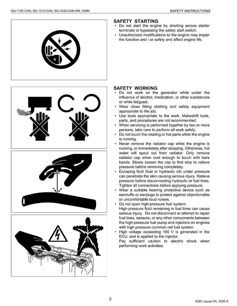May include: A white page with safety instructions for an engine. The text includes warnings about starting, working, and maintenance. Illustrated with black and white diagrams and symbols, including a no-start symbol and hand gestures.