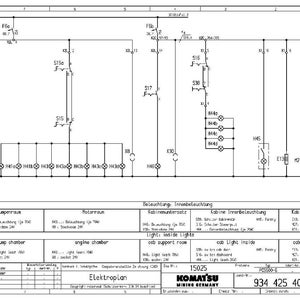 Peut inclure: Un sch&eacute;ma &eacute;lectrique d&eacute;taill&eacute; avec des lignes, des symboles et du texte. Le diagramme comprend des &eacute;tiquettes telles que "sockets", "pump chamber" et "engine chamber". Le logo Komatsu Mining Germany est visible en bas.