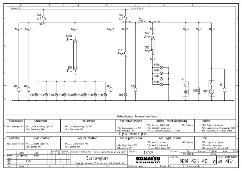 Peut inclure: Un sch&eacute;ma &eacute;lectrique d&eacute;taill&eacute; avec des lignes, des symboles et du texte. Le diagramme comprend des &eacute;tiquettes telles que "sockets", "pump chamber" et "engine chamber". Le logo Komatsu Mining Germany est visible en bas.