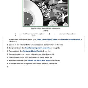 以下が含まれることがあります： トラックフレームの取り外しと取り付けのプロセスを示す図。画像には、アキュムレータ圧力センサーと関連コンポーネントの詳細なビューが含まれており、A、B、Cのラベルが付いています。テキストは、手順ごとの手順を提供します。
