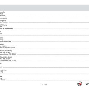 May include: A page from a manual titled "Contents" in German, English, and French. The table of contents lists engine components such as camshaft, injection pump, fuel line, and glow plug. The Weidemann logo is in the bottom right.