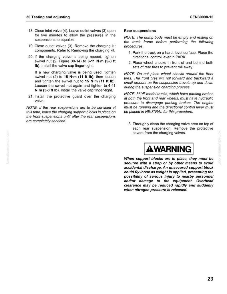 May include: A page from a manual with instructions for testing and adjusting rear suspensions. The text includes steps for valve adjustments and safety warnings. The page also has a warning about support blocks.