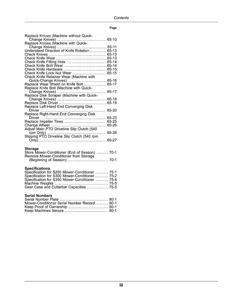 May include: A page from a manual with a table of contents. The text includes topics like "Replace Knives", "Check Knives", and "Serial Numbers". The page numbers are listed on the right side of the page.