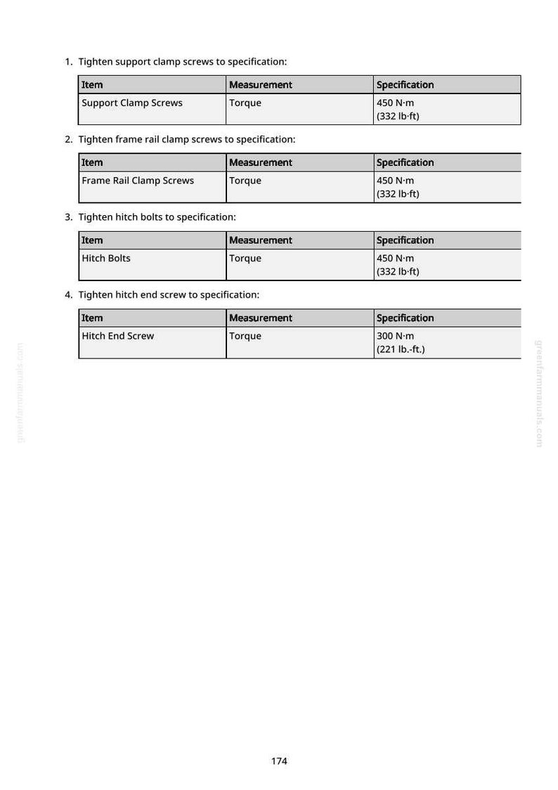 May include: A white page with a table detailing torque specifications for tightening screws and bolts. The table includes items like support clamp screws and hitch bolts, with measurements in Newton-meters and pound-feet.