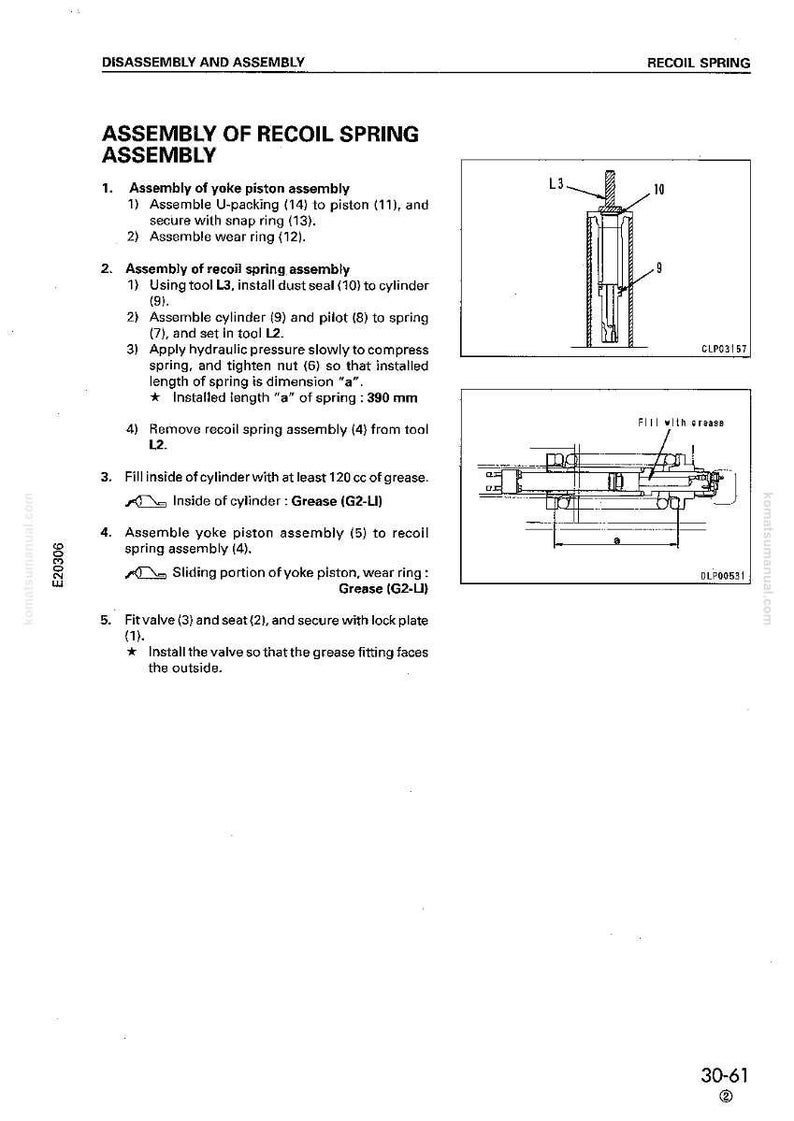 May include: Diagram of recoil spring assembly with labeled parts and instructions. Includes illustrations of the assembly process, with measurements in millimeters. Text includes steps for assembly, including the use of grease and tools.