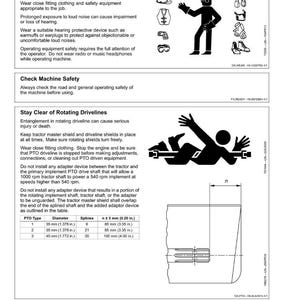 May include: Diagram with safety instructions for machinery operation. Includes text about protective clothing, machine safety, and rotating drivelines. A table shows PTO type, diameter in inches, splines, and n &plusmn; 5 mm (0.20 in.) measurements.