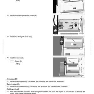 May include: Diagram of work equipment assembly instructions. Includes images of DEF case, splash prevention cover, DEF filler port cover, and cover. Text indicates weights in kilograms.
