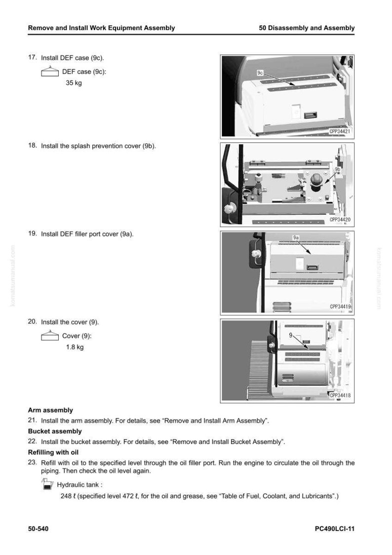 May include: Diagram of work equipment assembly instructions. Includes images of DEF case, splash prevention cover, DEF filler port cover, and cover. Text indicates weights in kilograms.