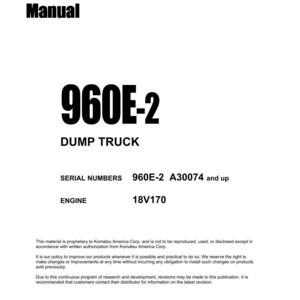 May include: A white shop manual cover with black text. The title "Shop Manual" is at the top, and the model number "960E-2" is prominently displayed. The text "DUMP TRUCK" is below the model number.