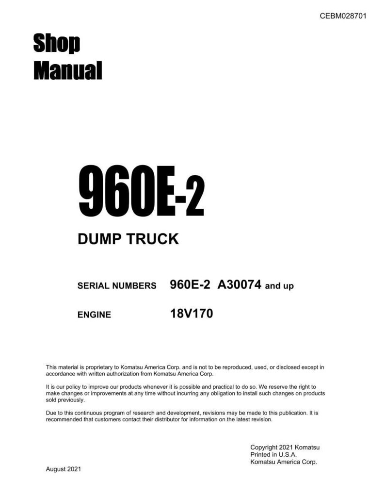 May include: A white shop manual cover with black text. The title "Shop Manual" is at the top, and the model number "960E-2" is prominently displayed. The text "DUMP TRUCK" is below the model number.