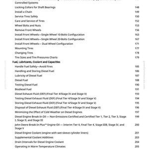 May include: A page from a manual with a table of contents. The topics include vehicle maintenance, tire care, and diesel engine information. The page has a greenfarmmanuals.com watermark.