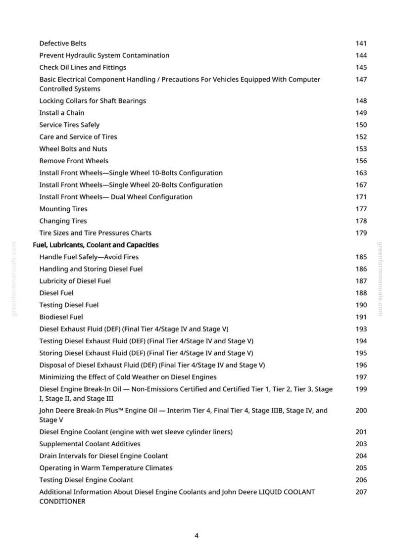 May include: A page from a manual with a table of contents. The topics include vehicle maintenance, tire care, and diesel engine information. The page has a greenfarmmanuals.com watermark.