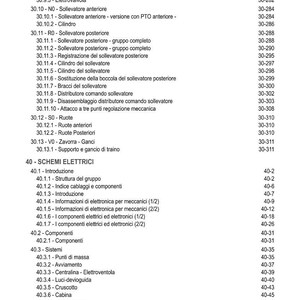May include: A detailed index in Italian, listing various tractor components and electrical schematics. The document includes sections on the front PTO, brakes, and electrical systems, with page numbers for easy reference. The text is in black font.
