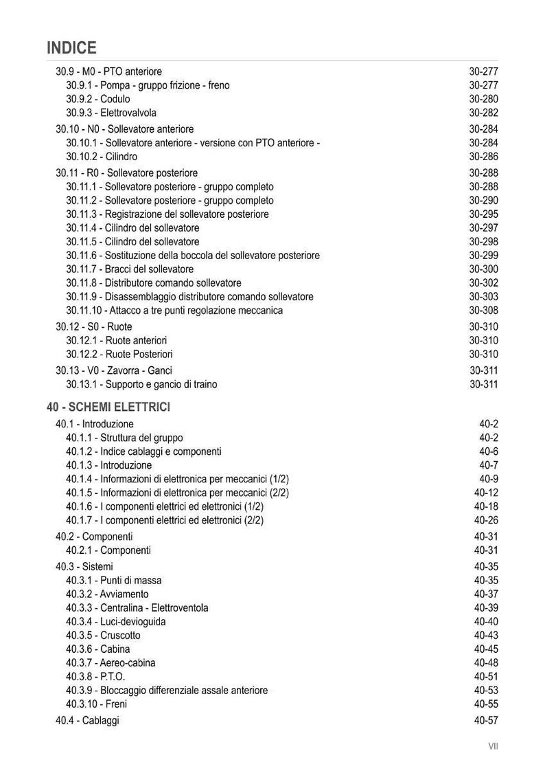 May include: A detailed index in Italian, listing various tractor components and electrical schematics. The document includes sections on the front PTO, brakes, and electrical systems, with page numbers for easy reference. The text is in black font.